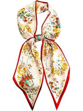 Women's Orange Edge Oleander Head Scarves Long Skinny Silky Hair Bags Scarf